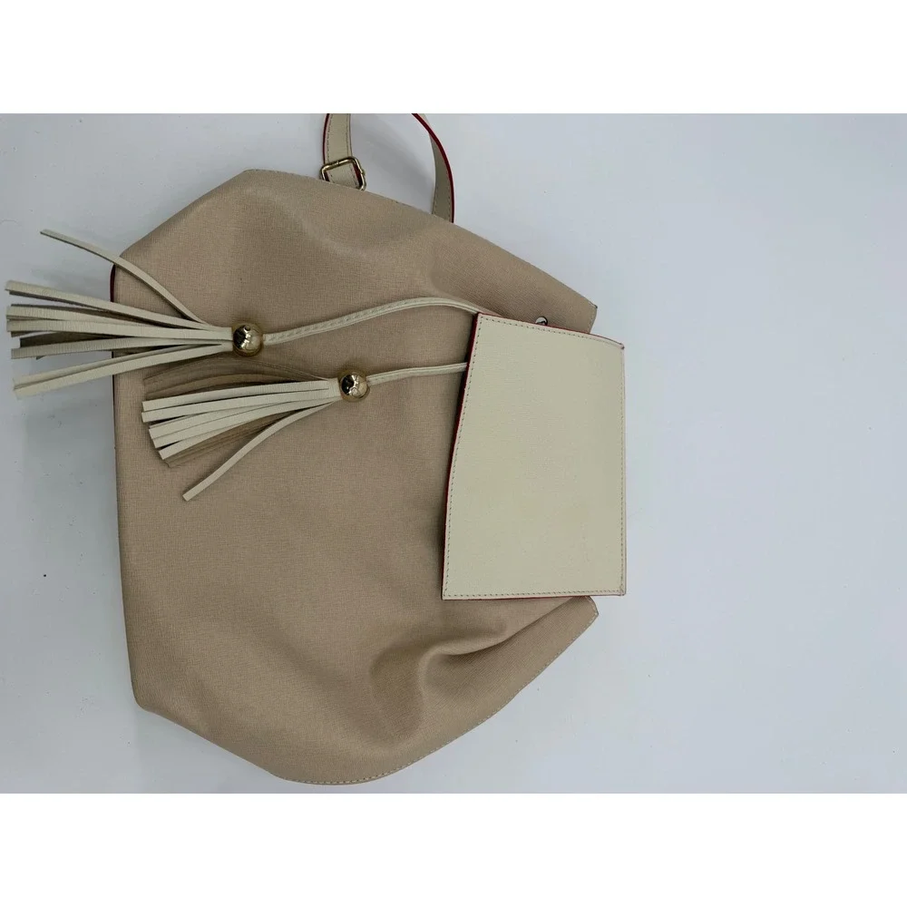 Franco Pugi Italian Leather Backpack Beige Cream Red Trim Tassel Bag